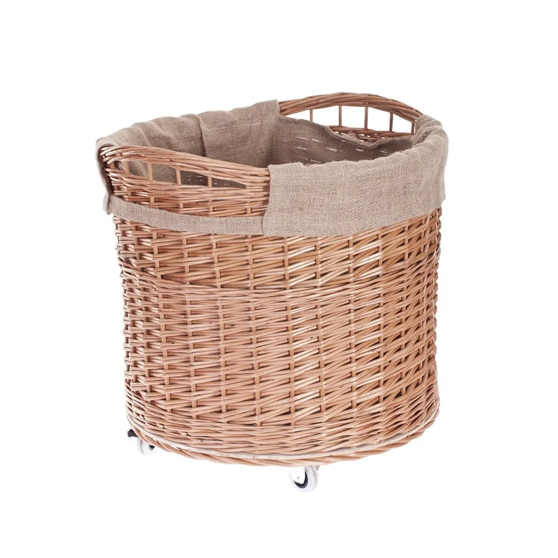 Caros large, round, mobile storage basket, wicker display basket with jute trim TheWickerStories