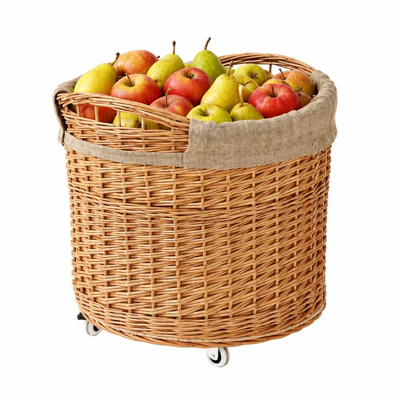 Caros large, round, mobile storage basket, wicker display basket with jute trim TheWickerStories