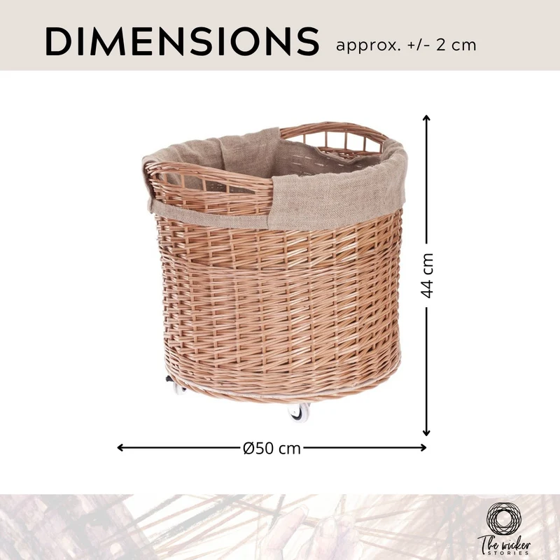 Caros large, round, mobile storage basket, wicker display basket with jute trim TheWickerStories