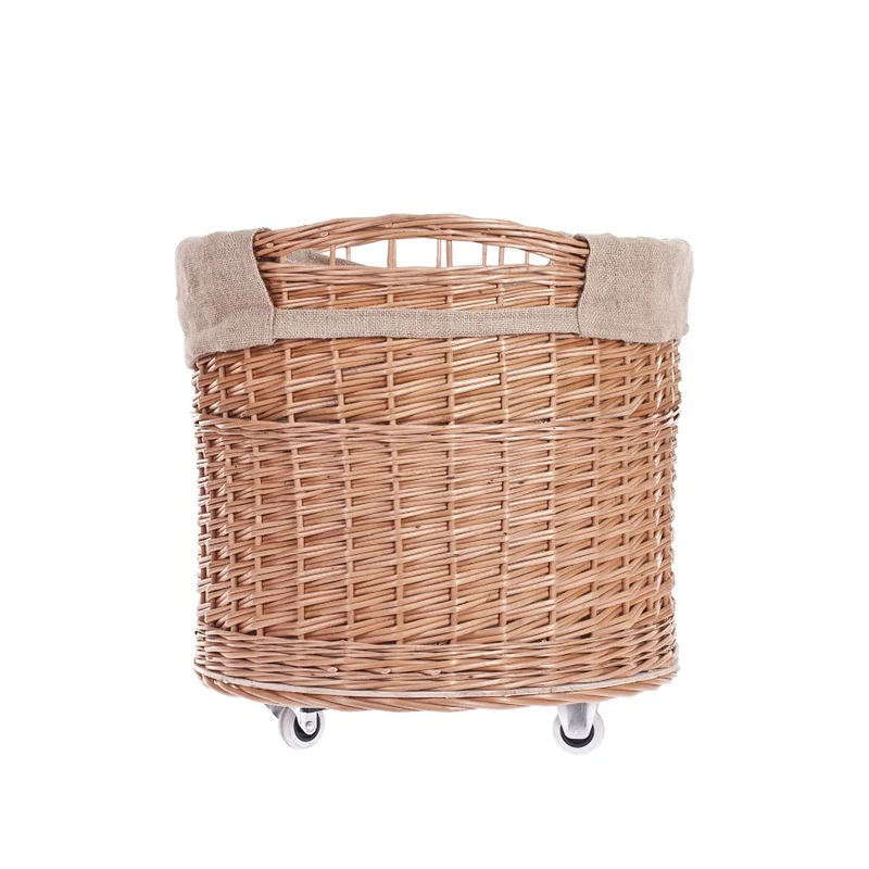 Caros large, round, mobile storage basket, wicker display basket with jute trim TheWickerStories
