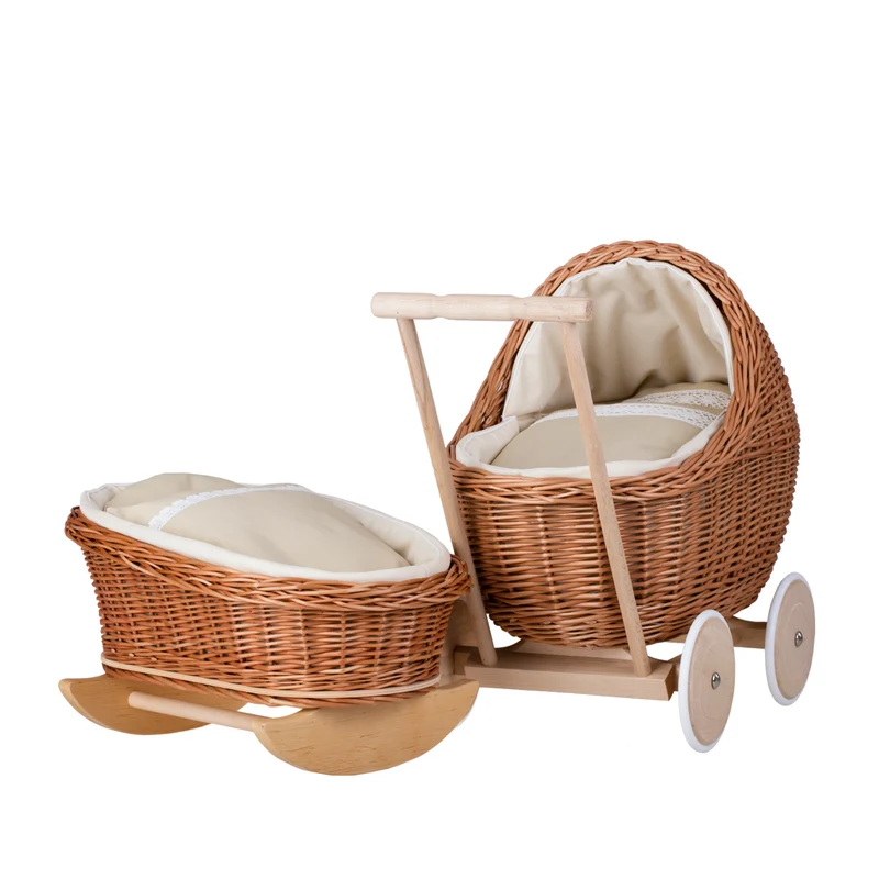 Lili wicker doll stroller and cradle with beige trim, blanket, and pillow TheWickerStories