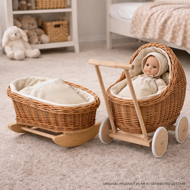 Lili wicker doll stroller and cradle with beige trim, blanket, and pillow TheWickerStories