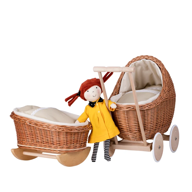 Lili wicker doll stroller and cradle with beige trim, blanket, and pillow TheWickerStories