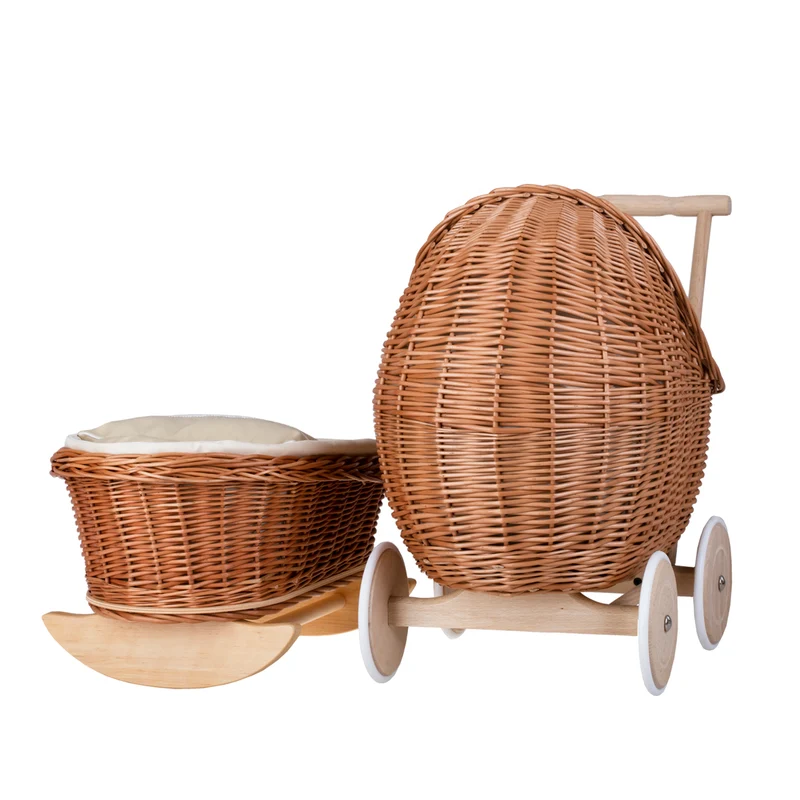 Lili wicker doll stroller and cradle with beige trim, blanket, and pillow TheWickerStories
