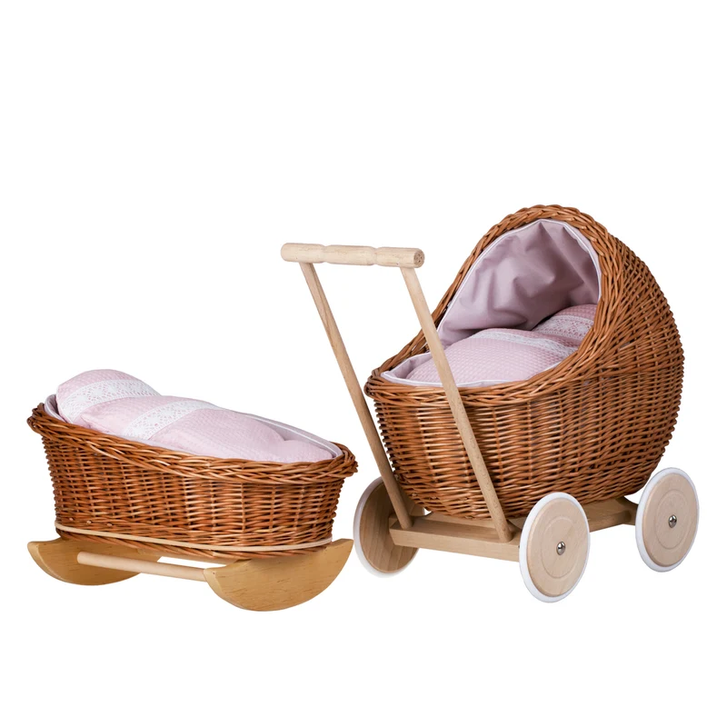 Lili wicker stroller and cradle for dolls with pink trim, blanket, and pillow TheWickerStories