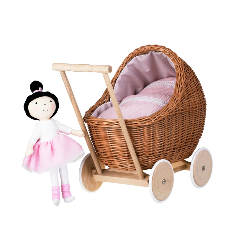 Lili wicker stroller and cradle for dolls with pink trim, blanket, and pillow TheWickerStories