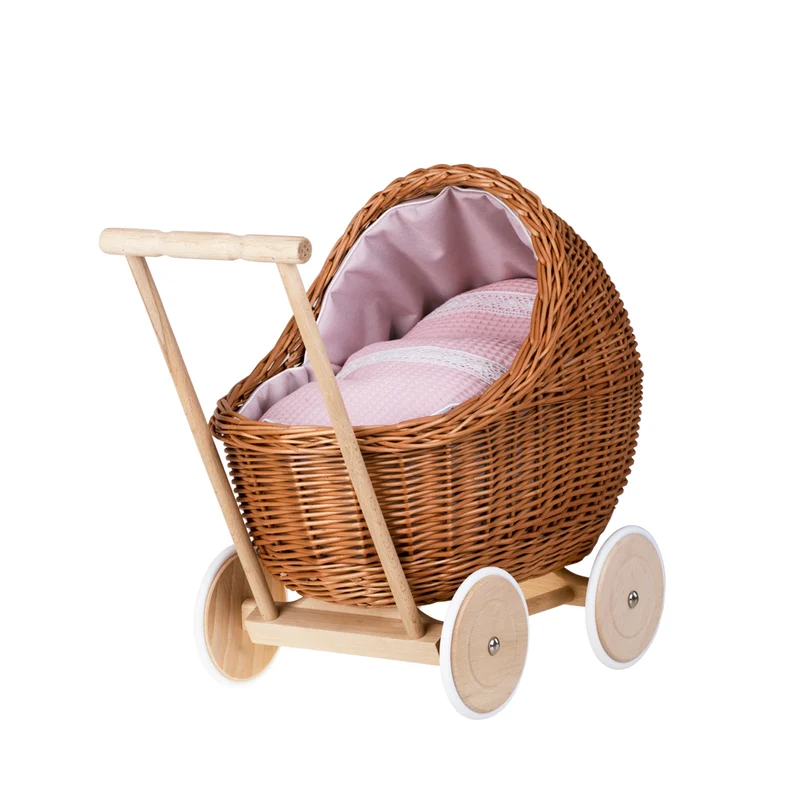 Lili wicker stroller and cradle for dolls with pink trim, blanket, and pillow TheWickerStories