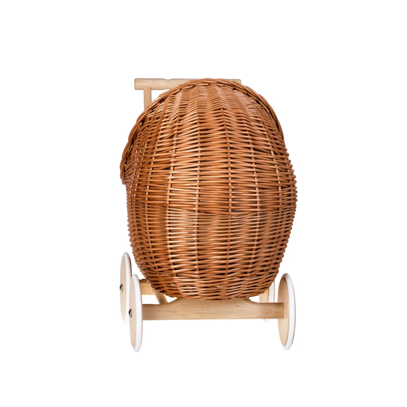 Lili wicker stroller and cradle for dolls with pink trim, blanket, and pillow TheWickerStories