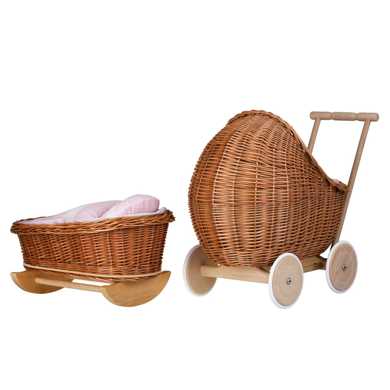 Lili wicker stroller and cradle for dolls with pink trim, blanket, and pillow TheWickerStories