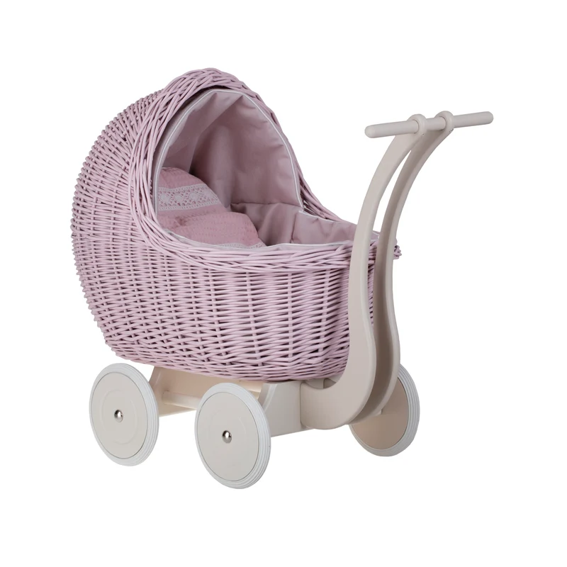 Lili wicker doll stroller with pink trim, blanket, and pillow TheWickerStories