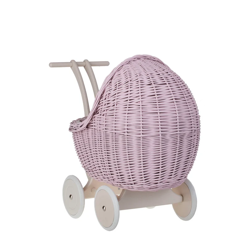 Lili wicker doll stroller with pink trim, blanket, and pillow TheWickerStories