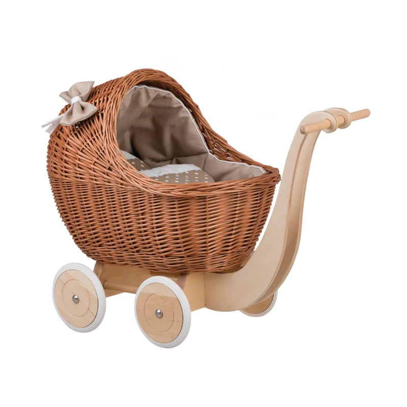 Lili wicker doll stroller with beige trim, blanket, and pillow TheWickerStories
