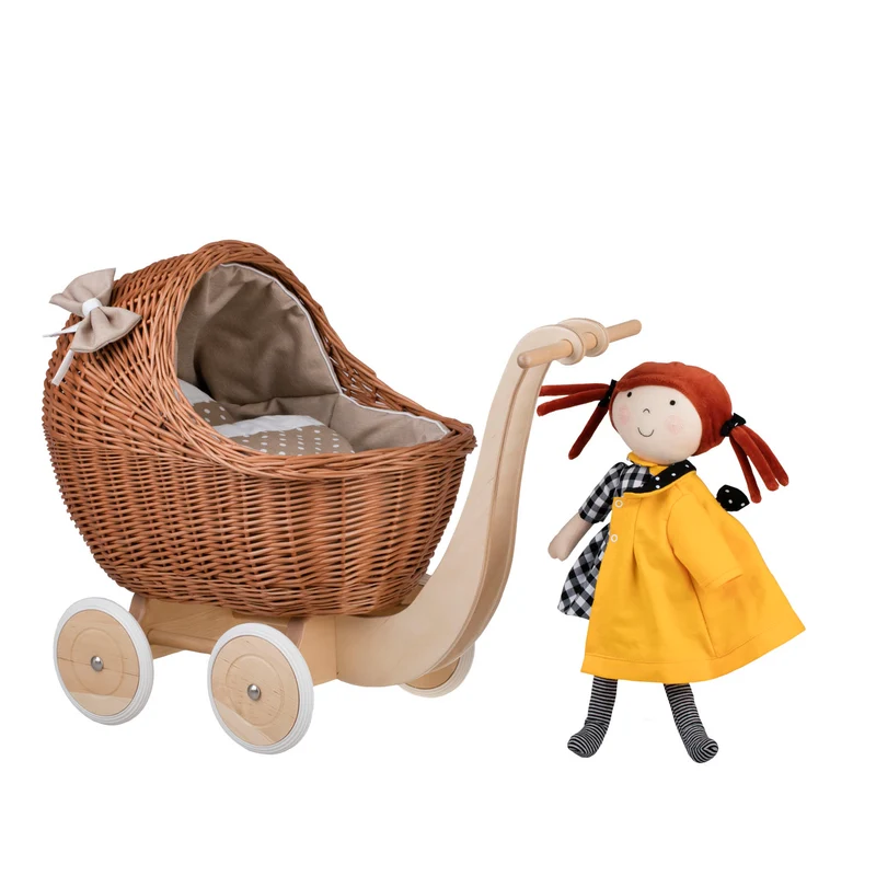 Lili wicker doll stroller with beige trim, blanket, and pillow TheWickerStories