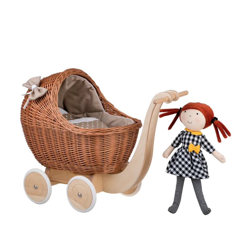 Lili wicker doll stroller with beige trim, blanket, and pillow TheWickerStories