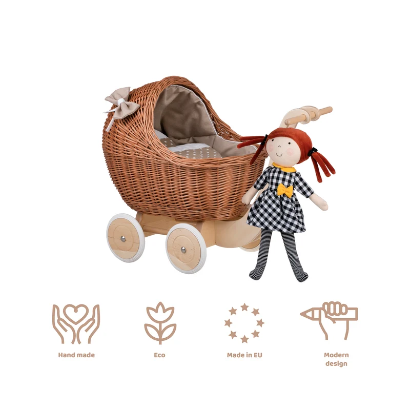 Lili wicker doll stroller with beige trim, blanket, and pillow TheWickerStories