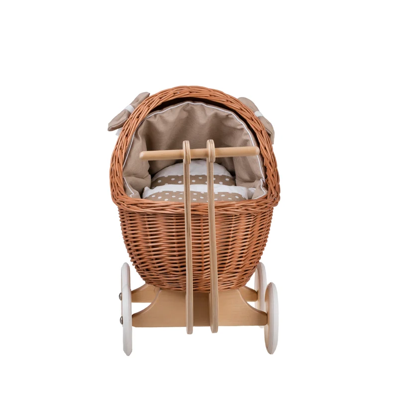 Lili wicker doll stroller with beige trim, blanket, and pillow TheWickerStories