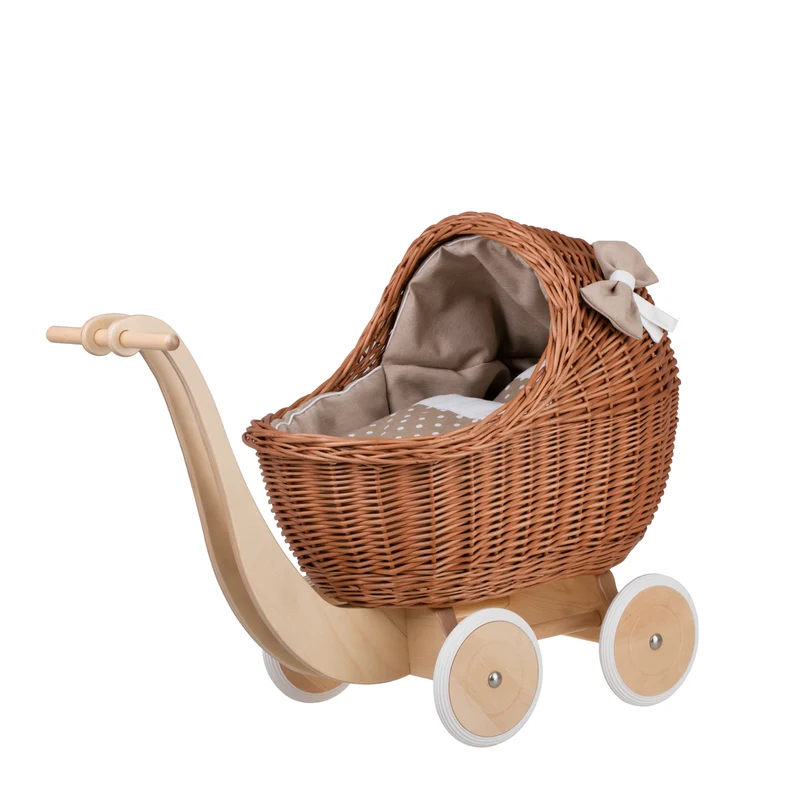 Lili wicker doll stroller with beige trim, blanket, and pillow TheWickerStories