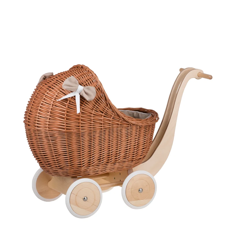 Lili wicker doll stroller with beige trim, blanket, and pillow TheWickerStories