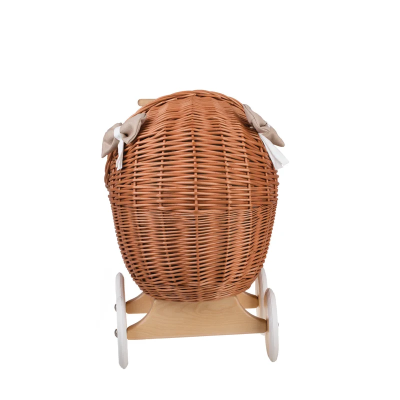 Lili wicker doll stroller with beige trim, blanket, and pillow TheWickerStories