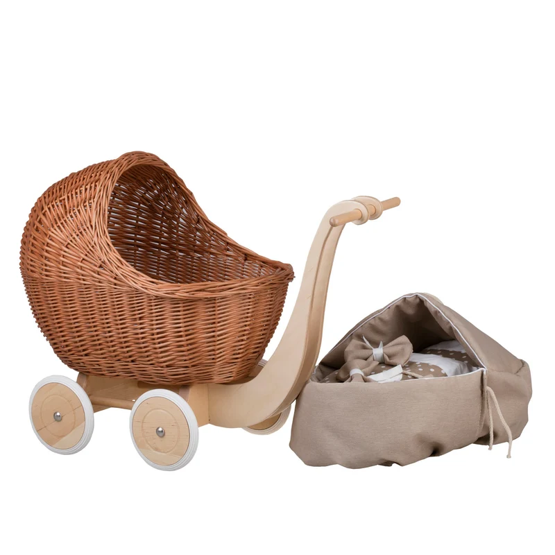 Lili wicker doll stroller with beige trim, blanket, and pillow TheWickerStories
