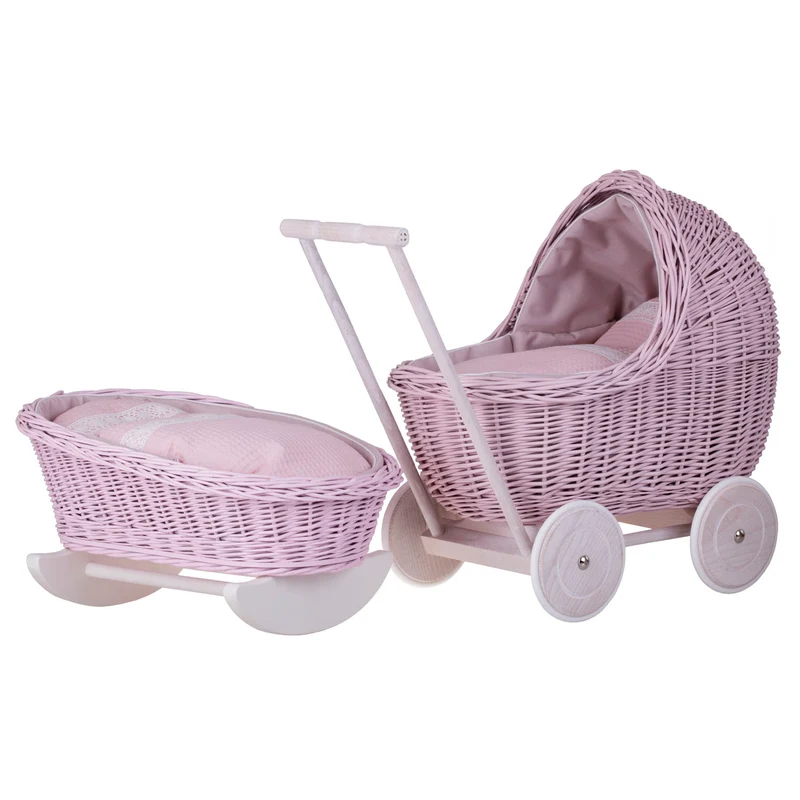 Lili wicker stroller and cradle for dolls with pink trim, blanket, and pillow TheWickerStories