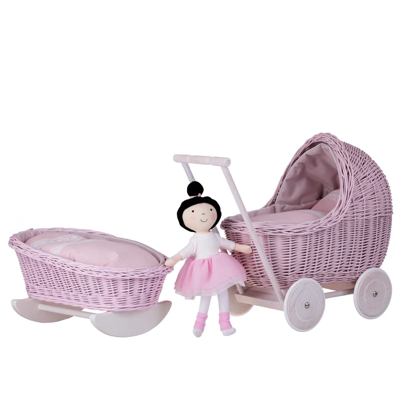 Lili wicker stroller and cradle for dolls with pink trim, blanket, and pillow TheWickerStories