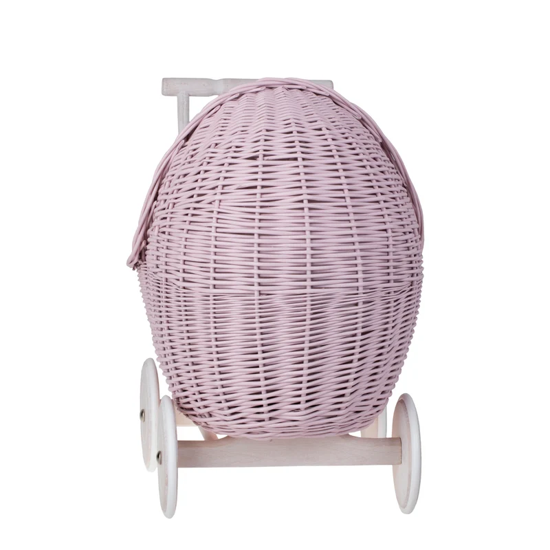 Lili wicker stroller and cradle for dolls with pink trim, blanket, and pillow TheWickerStories