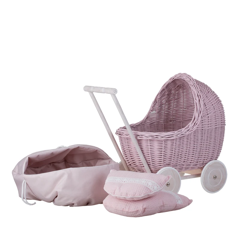 Lili wicker stroller and cradle for dolls with pink trim, blanket, and pillow TheWickerStories