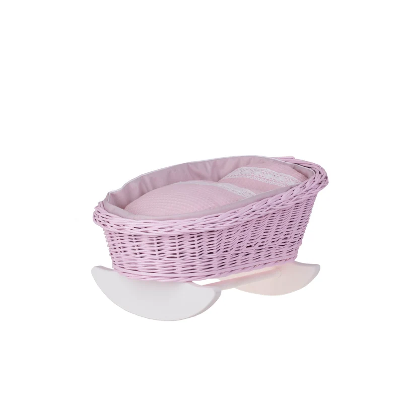 Lili wicker stroller and cradle for dolls with pink trim, blanket, and pillow TheWickerStories