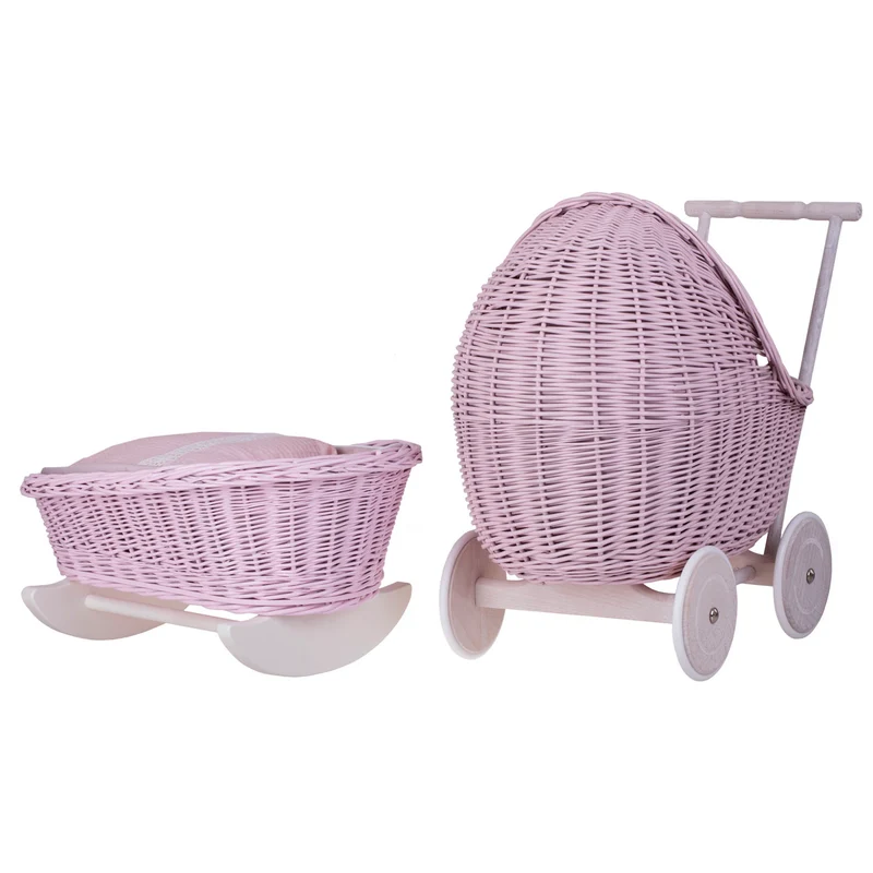 Lili wicker stroller and cradle for dolls with pink trim, blanket, and pillow TheWickerStories