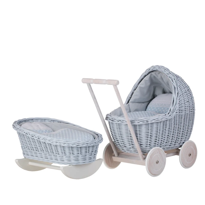 Lili wicker stroller and cradle for dolls with blue trim, blanket, and pillow TheWickerStories