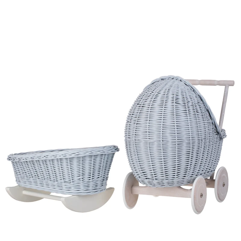 Lili wicker stroller and cradle for dolls with blue trim, blanket, and pillow TheWickerStories