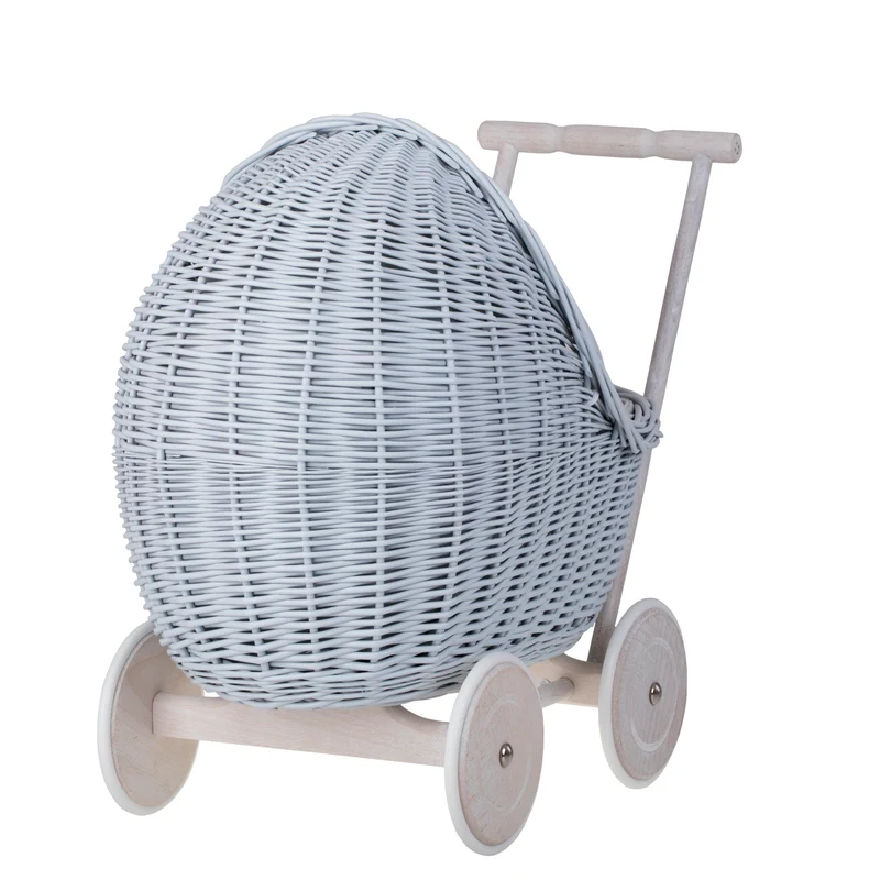 Lili wicker stroller and cradle for dolls with blue trim, blanket, and pillow TheWickerStories