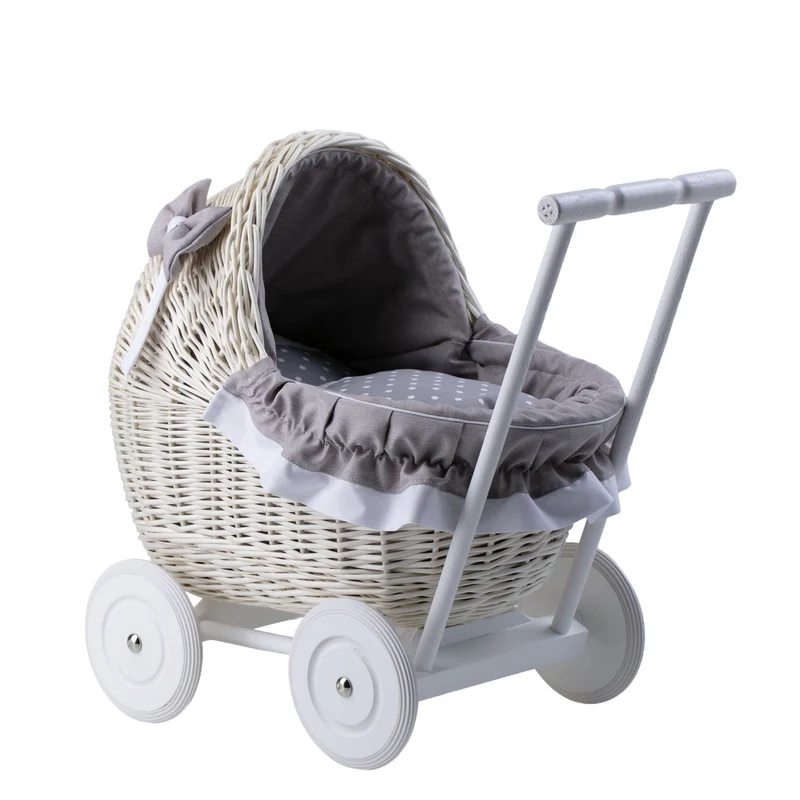 Lili wicker doll stroller with gray trim, blanket, and pillow TheWickerStories