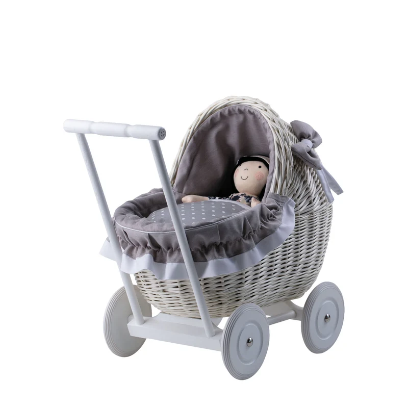Lili wicker doll stroller with gray trim, blanket, and pillow TheWickerStories