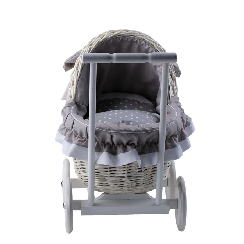 Lili wicker doll stroller with gray trim, blanket, and pillow TheWickerStories
