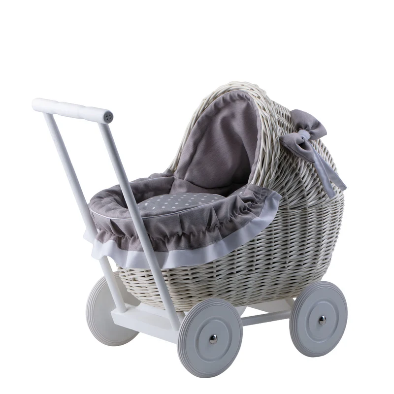 Lili wicker doll stroller with gray trim, blanket, and pillow TheWickerStories