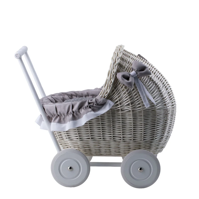 Lili wicker doll stroller with gray trim, blanket, and pillow TheWickerStories