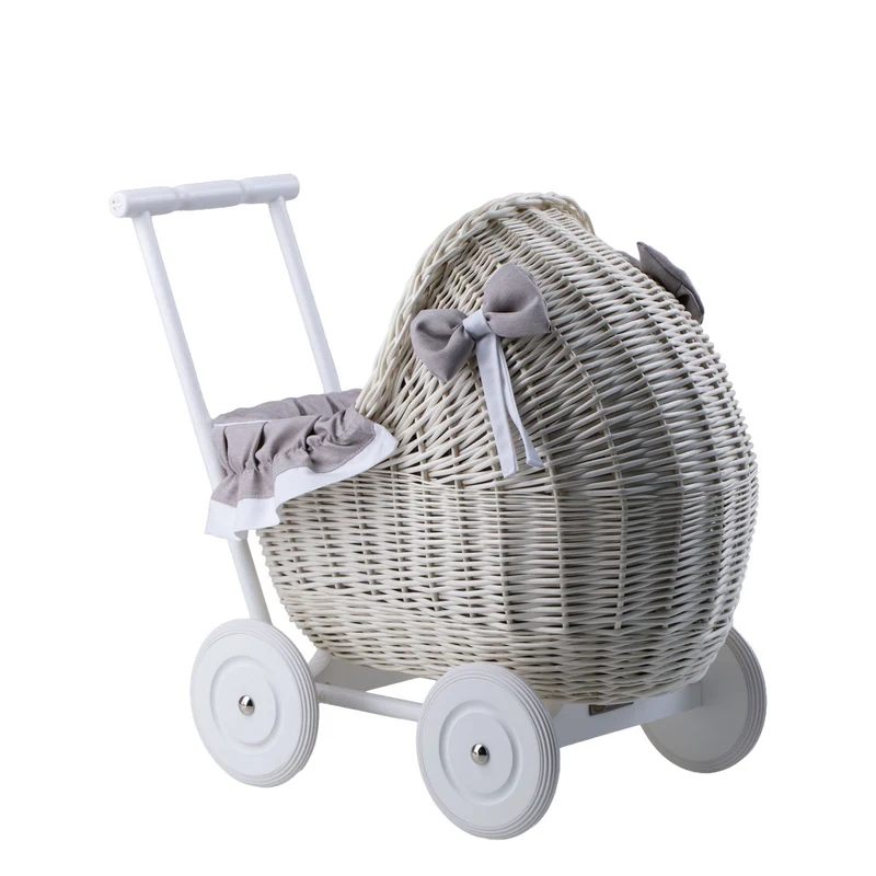 Lili wicker doll stroller with gray trim, blanket, and pillow TheWickerStories