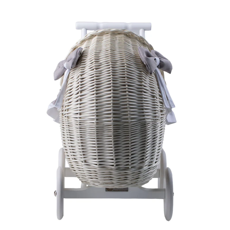 Lili wicker doll stroller with gray trim, blanket, and pillow TheWickerStories