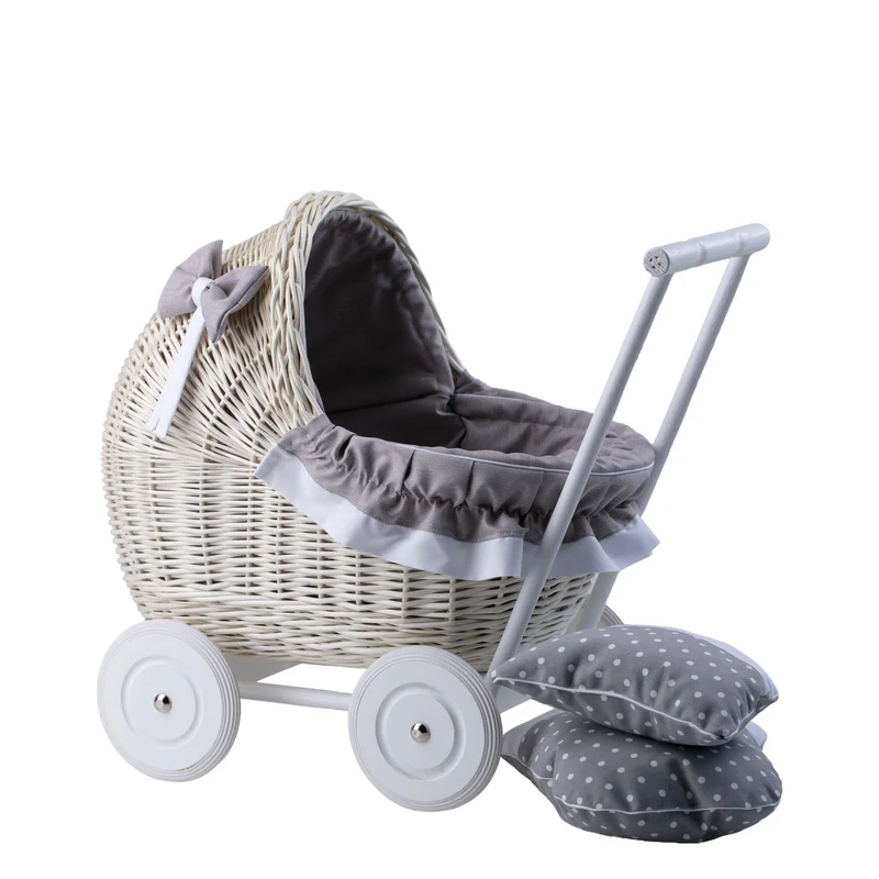 Lili wicker doll stroller with gray trim, blanket, and pillow TheWickerStories