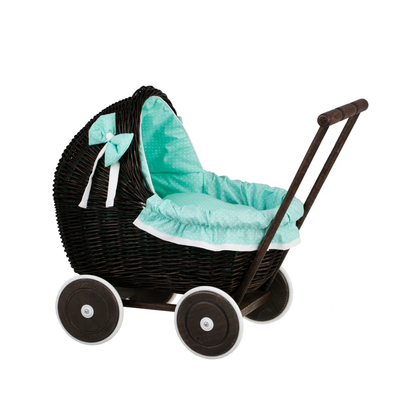 Lili wicker doll stroller with mint trim, blanket, and pillow TheWickerStories