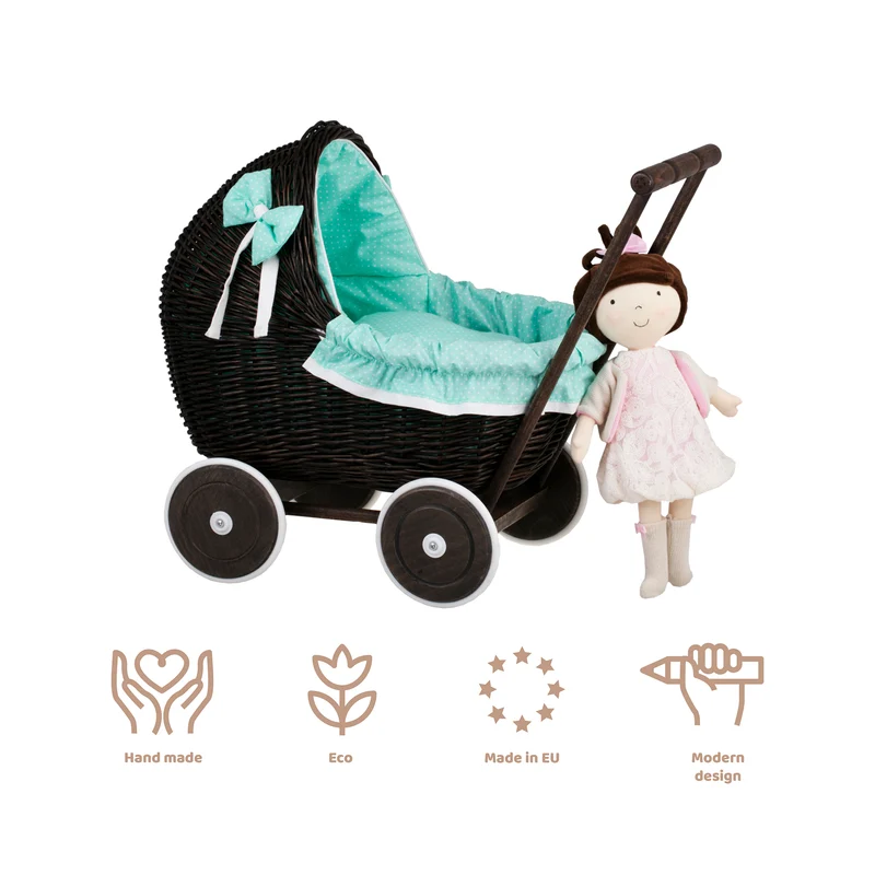 Lili wicker doll stroller with mint trim, blanket, and pillow TheWickerStories