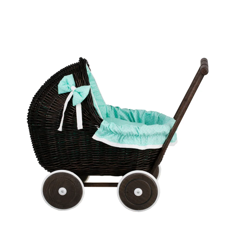 Lili wicker doll stroller with mint trim, blanket, and pillow TheWickerStories