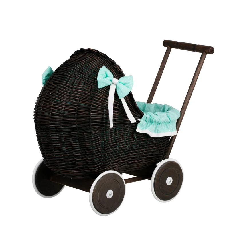 Lili wicker doll stroller with mint trim, blanket, and pillow TheWickerStories