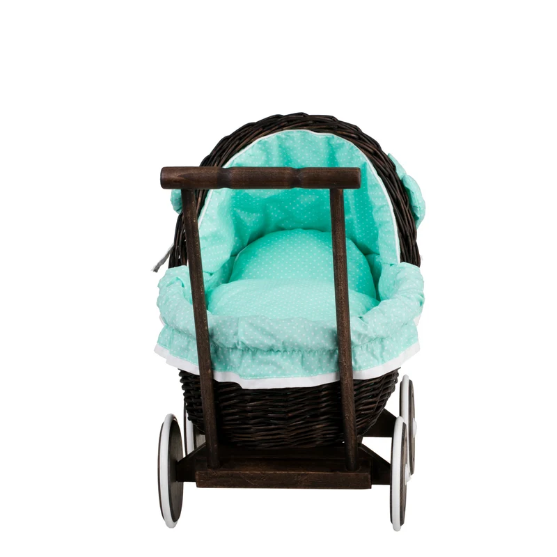Lili wicker doll stroller with mint trim, blanket, and pillow TheWickerStories