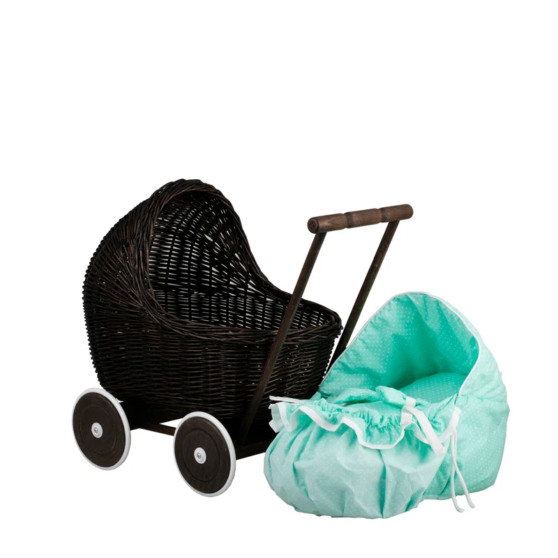 Lili wicker doll stroller with mint trim, blanket, and pillow TheWickerStories