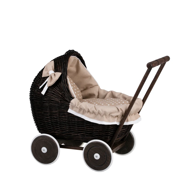 Lili wicker doll stroller with beige trim, blanket, and pillow TheWickerStories
