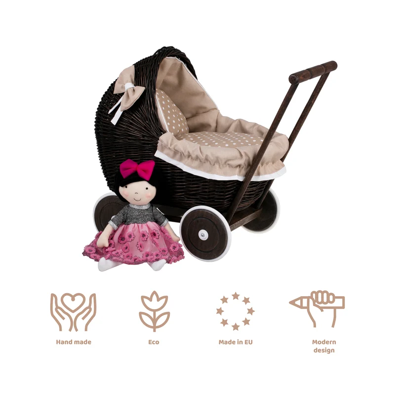 Lili wicker doll stroller with beige trim, blanket, and pillow TheWickerStories
