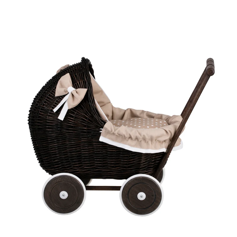 Lili wicker doll stroller with beige trim, blanket, and pillow TheWickerStories